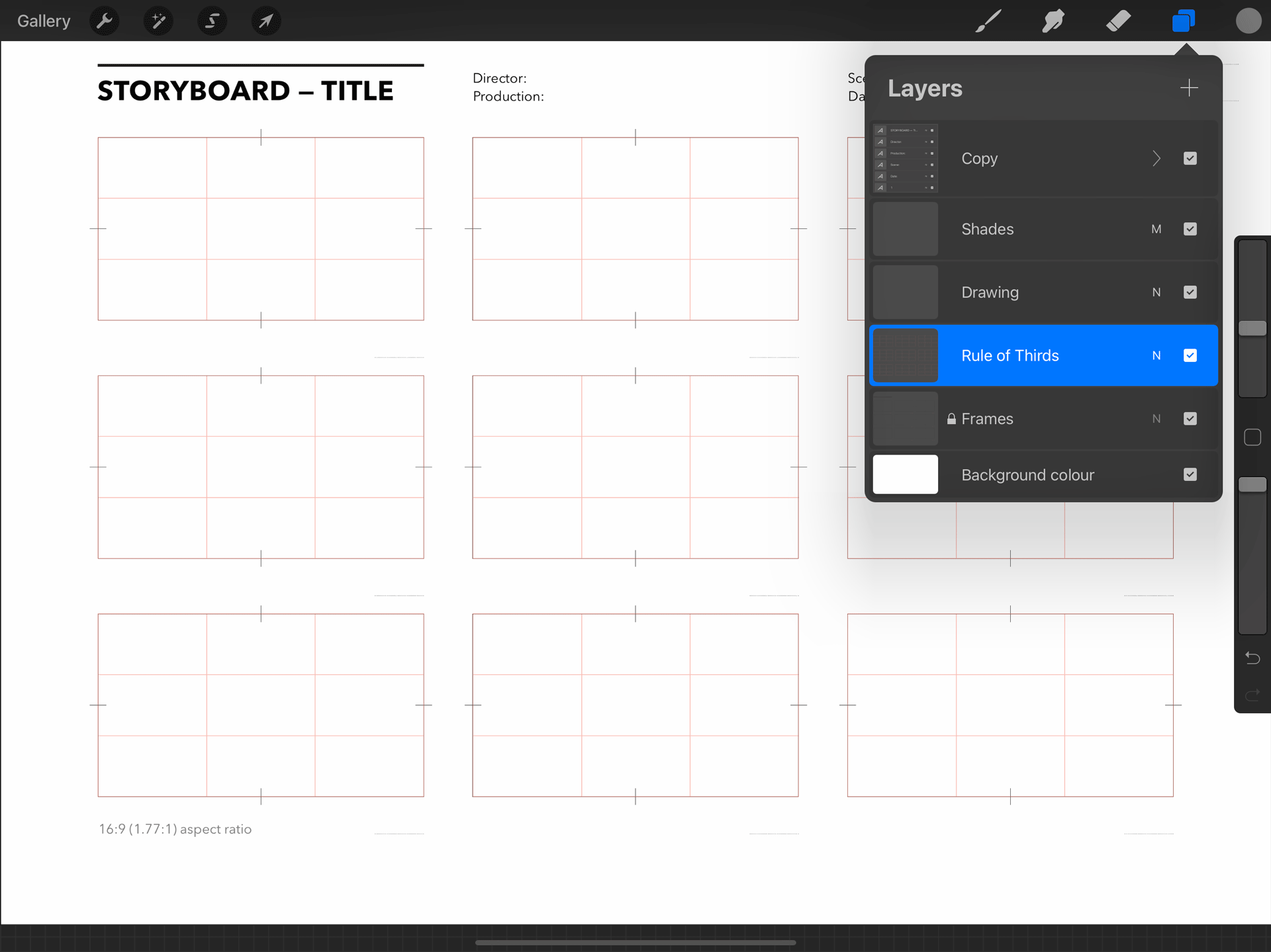 Free Procreate storyboard template, 9 frames for 16:9 (1.77:1) films