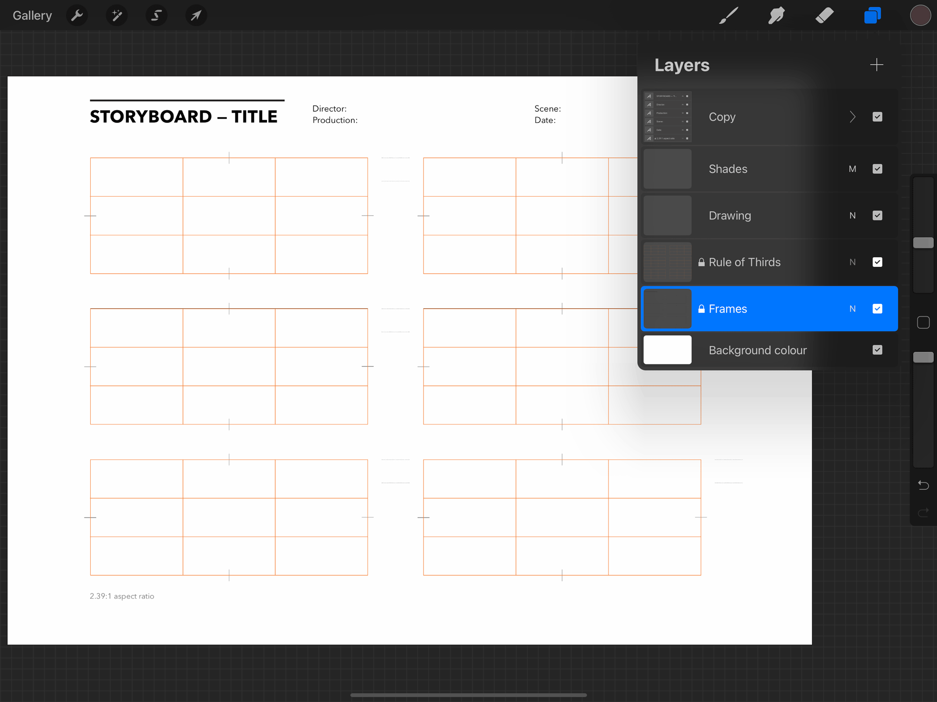 Free Procreate storyboard template, 6 frames (Scope) Templates Supply